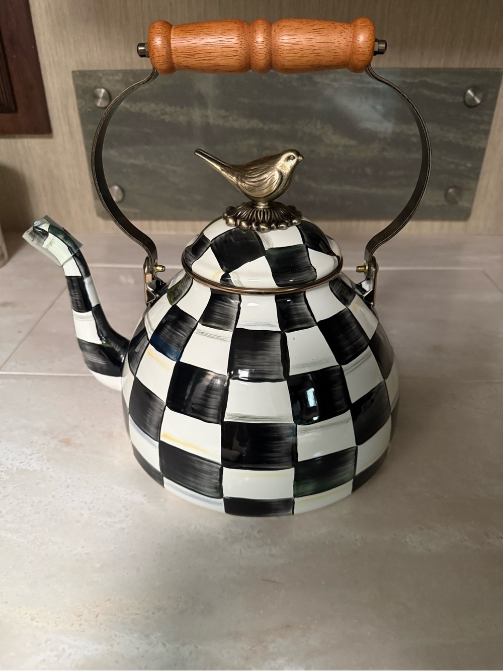 NIB MacKenzie-Childs Black and White Checkered Teapot with Bird Finial